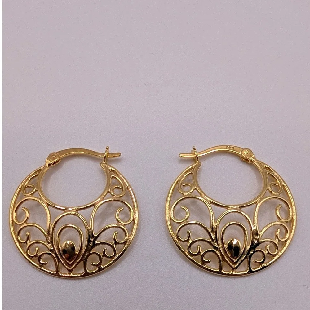 925 Sterling Silver Gold Vermeil‎ Filigree Scroll Hoop Earrings Round Boho 3.36g